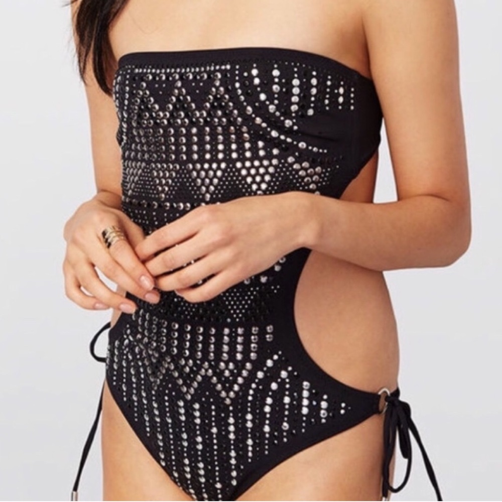 Melissa Odabash Side Cut Out strapless black embellished beaded bathing suit